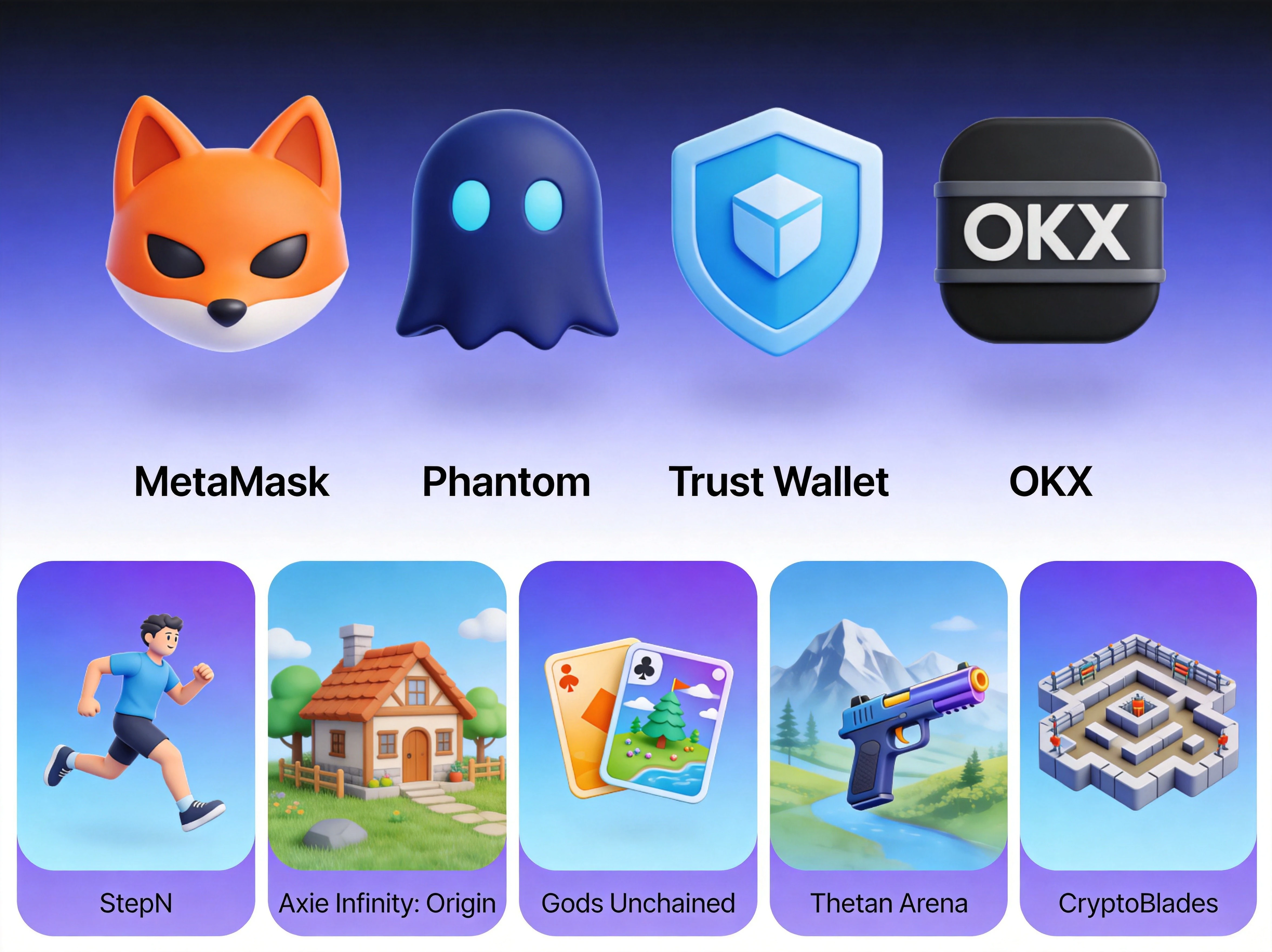 两部分信息图布局，上半部分展示MetaMask、Phantom、Trust Wallet、OKX四大主流钱包图标，下半部分是六类Web3游戏分类卡片，每类配图标和代表项目名称，设计清晰易读