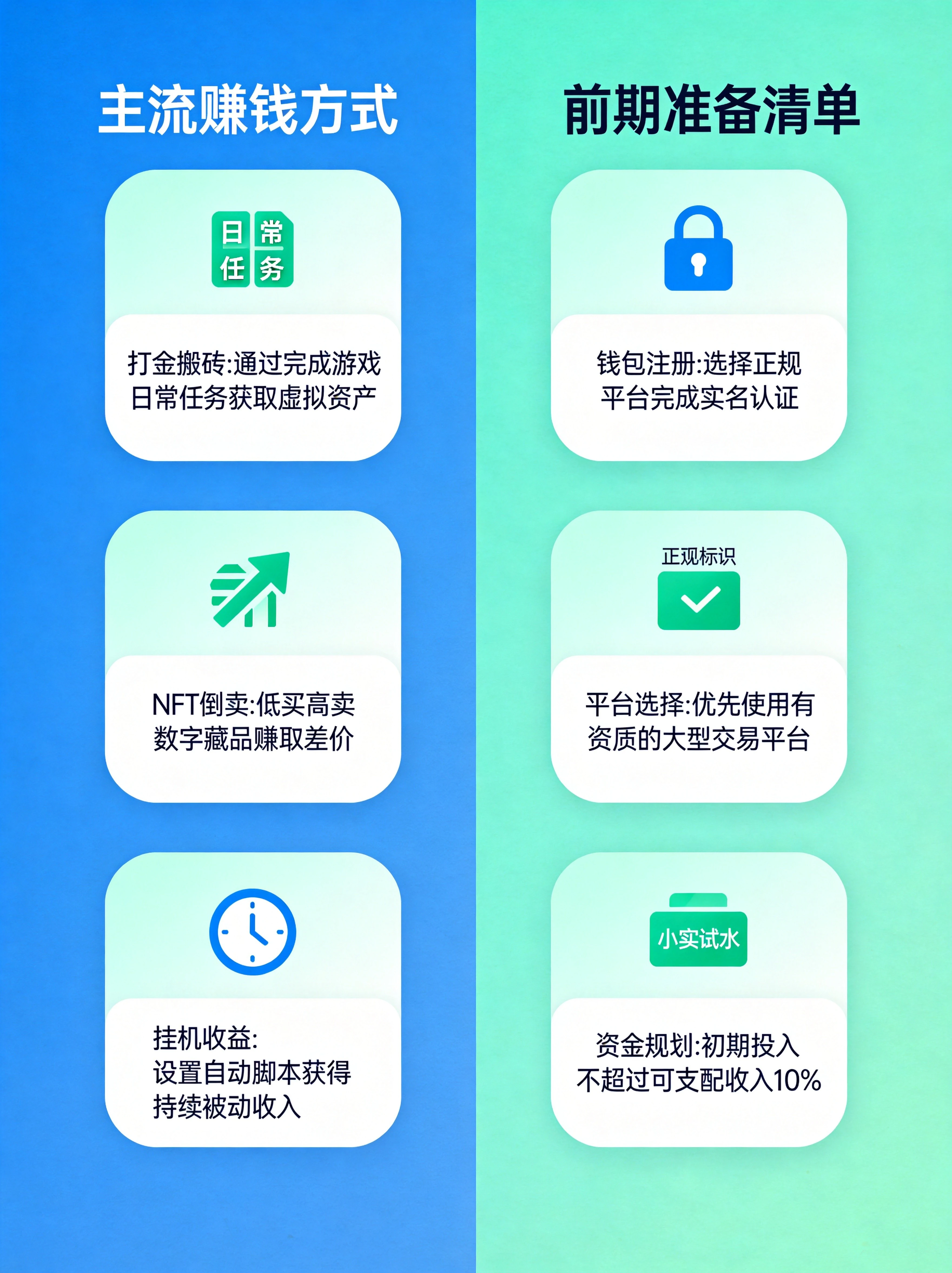 左右分栏信息图设计，左栏展示打金搬砖、NFT倒卖、挂机收益3种主流赚钱方式卡片，右栏展示钱包注册、平台选择、资金规划3项前期准备清单