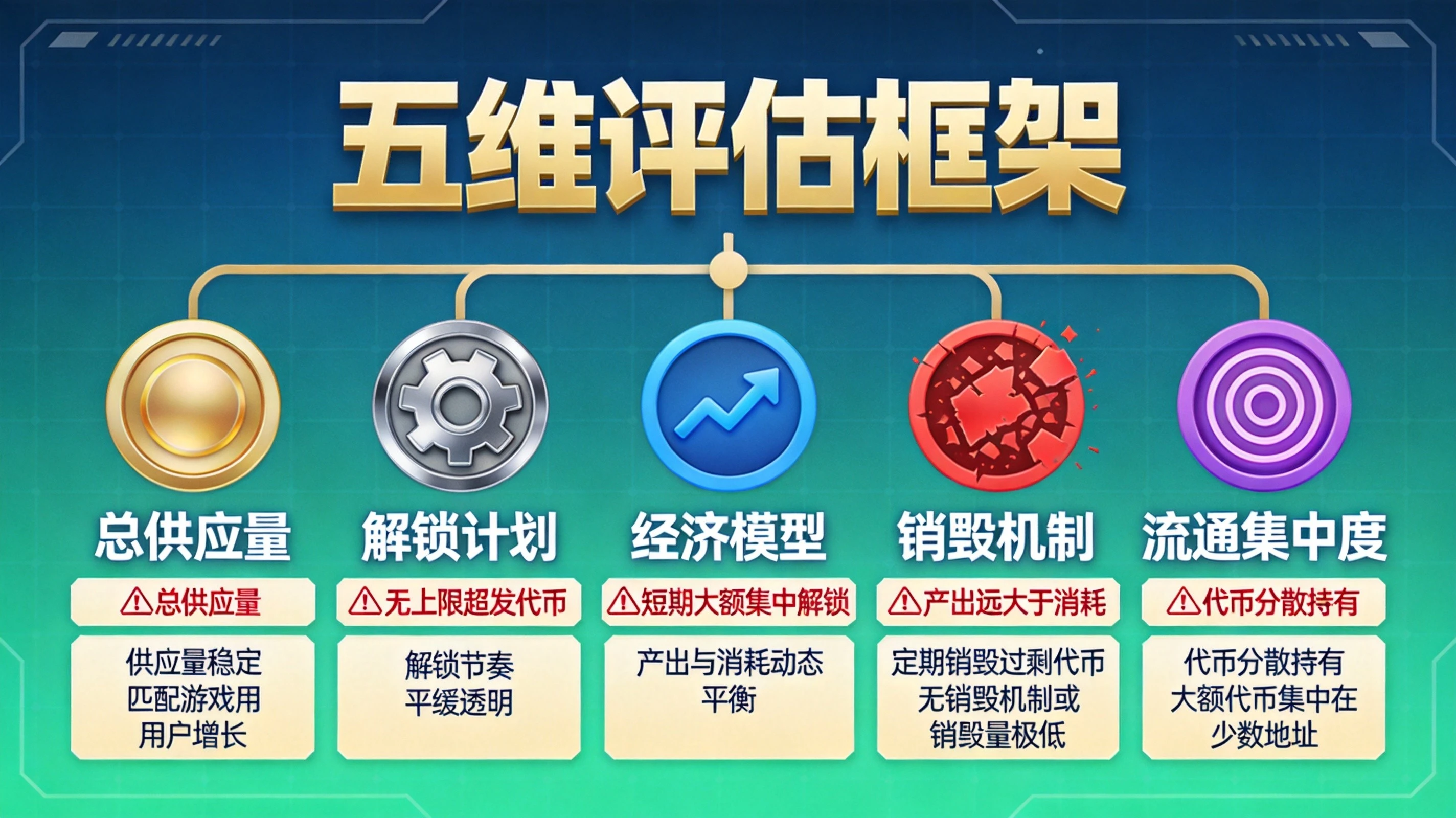 蓝绿色科技风格链游通胀五维评估框架图,分支展示总供应量、解锁计划、经济模型等五个维度的健康与危险信号 蓝绿色科技风格链游通胀五维评估框架图,分支展示总供应量、解锁计划、经济模型等五个维度的健康与危险信号