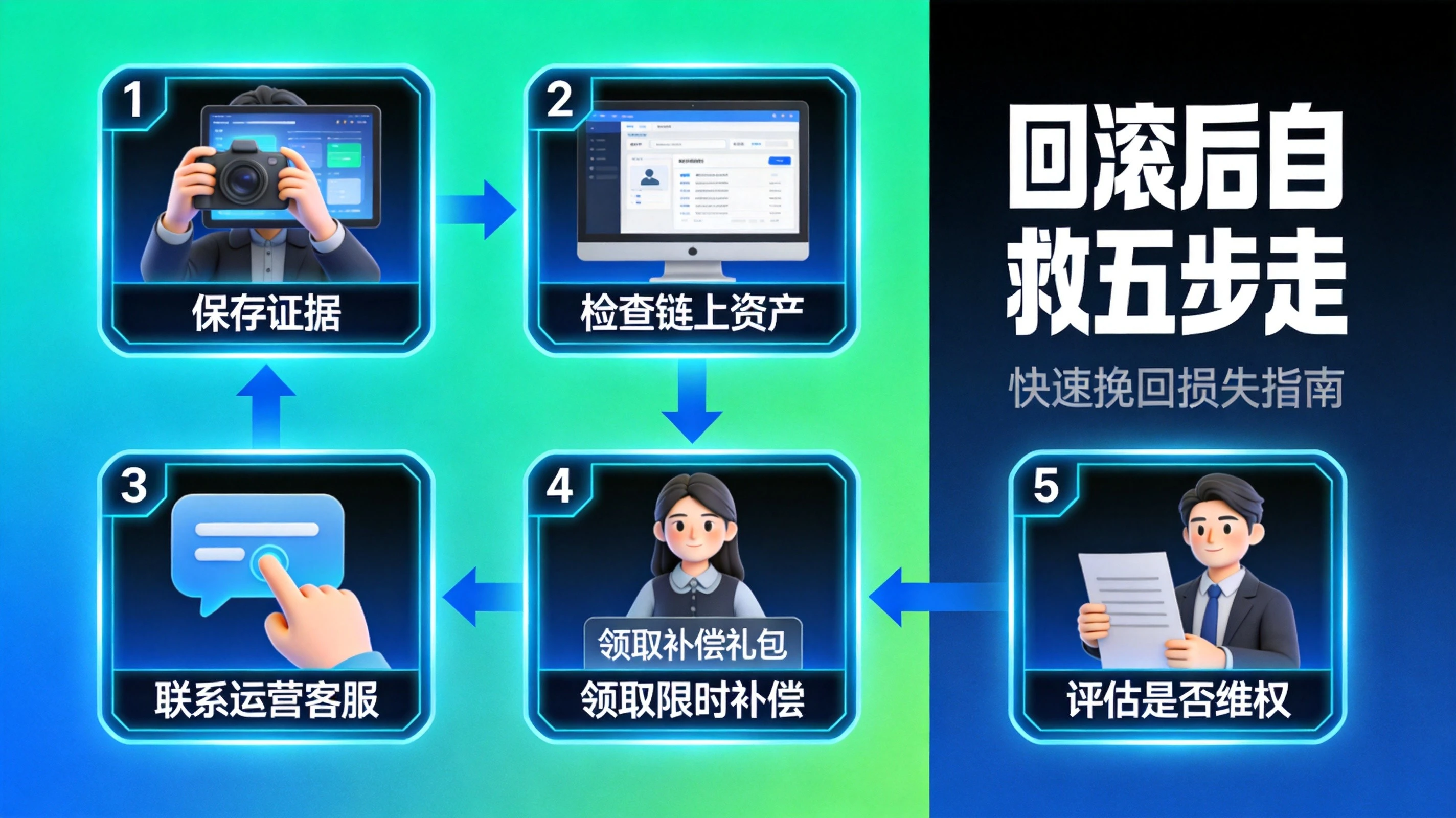 蓝绿色科技风格链游回滚自救步骤流程图,展示保存证据、检查链上资产、联系客服等五步操作流程 蓝绿色科技风格链游回滚自救步骤流程图,展示保存证据、检查链上资产、联系客服等五步操作流程