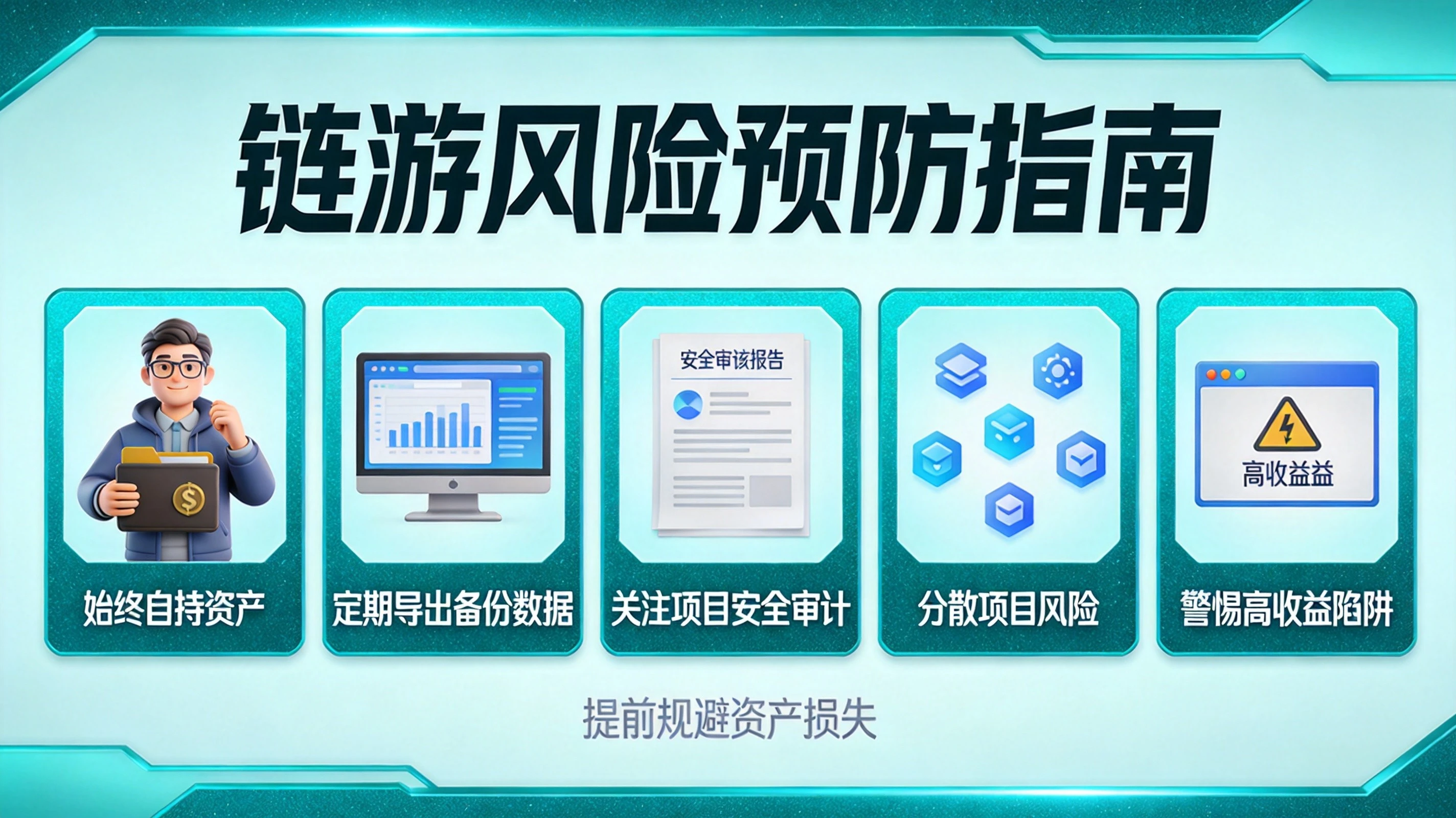 蓝绿色科技风格链游回滚风险预防指南图,卡片形式展示自持资产、定期备份、关注审计等五个预防要点 蓝绿色科技风格链游回滚风险预防指南图,卡片形式展示自持资产、定期备份、关注审计等五个预防要点